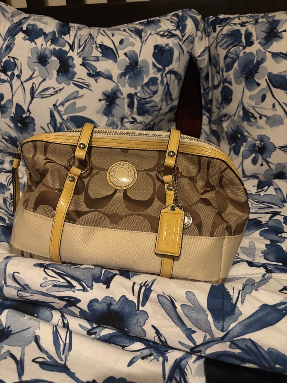 Coach Brown Signature Canvas Shoulder Bag with Yellow Trim